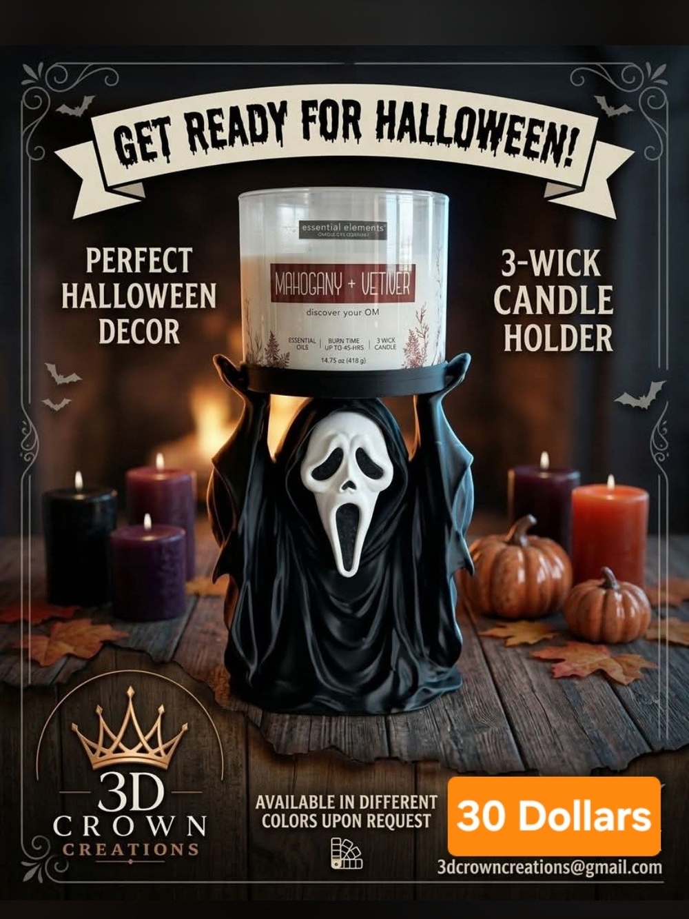 Halloween Ghost 3-Wick Candle Holder - Black